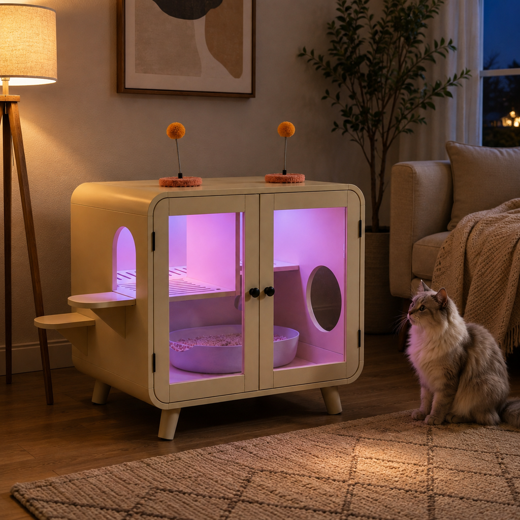 Litter Box Enclosure with RGB Lighting, Glass Doors, Interior Walkway and Cat Steps