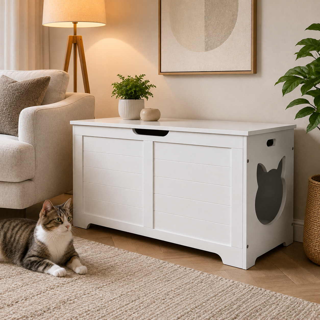 Litter Box Enclosure with Lift-Top Access and Interior Divider, Cat Washroom Furniture, Cream White