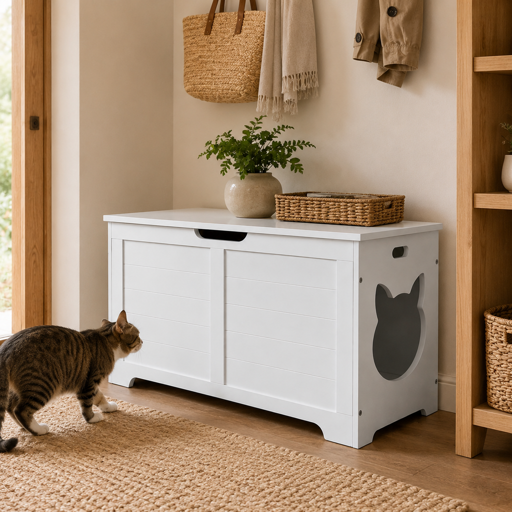 Litter Box Enclosure with Lift-Top Access and Interior Divider, Cat Washroom Furniture, Cream White