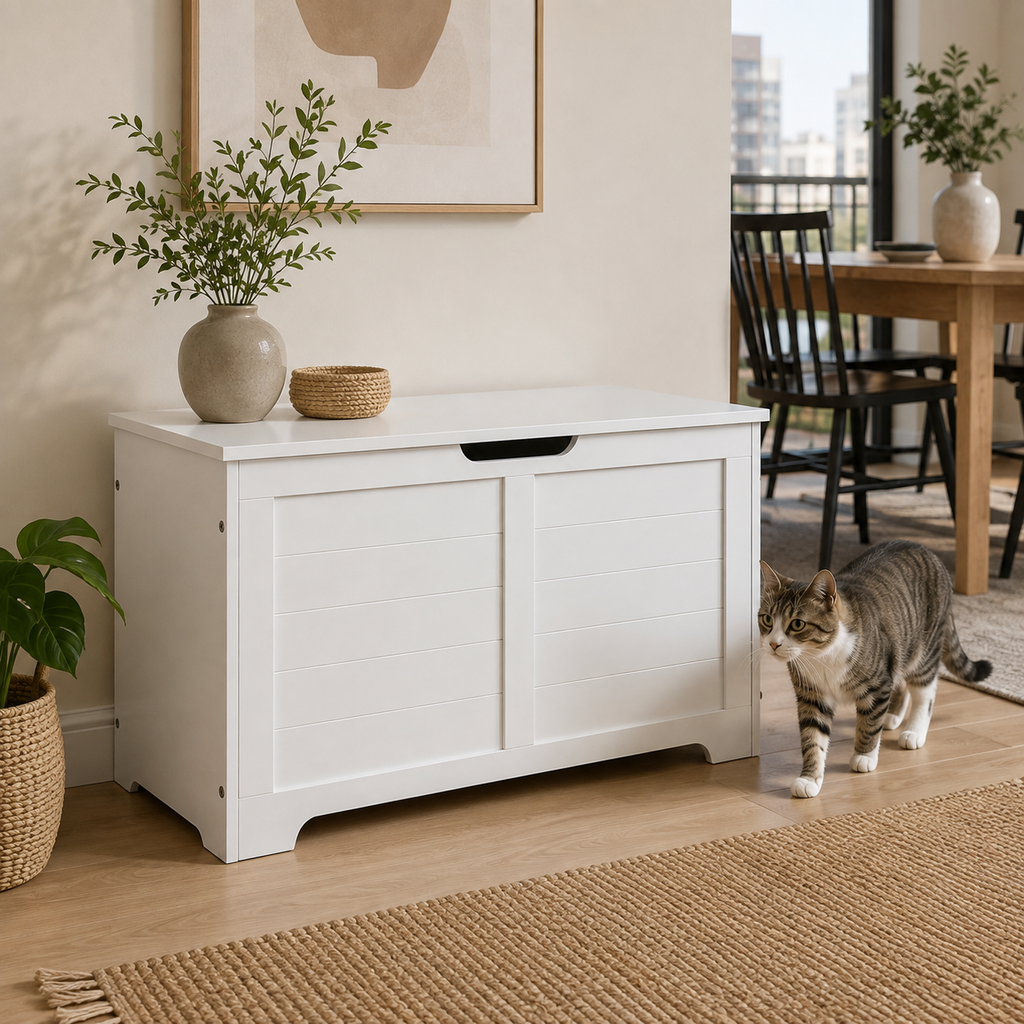 Litter Box Enclosure with Lift-Top Access and Interior Divider, Cat Washroom Furniture, Cream White