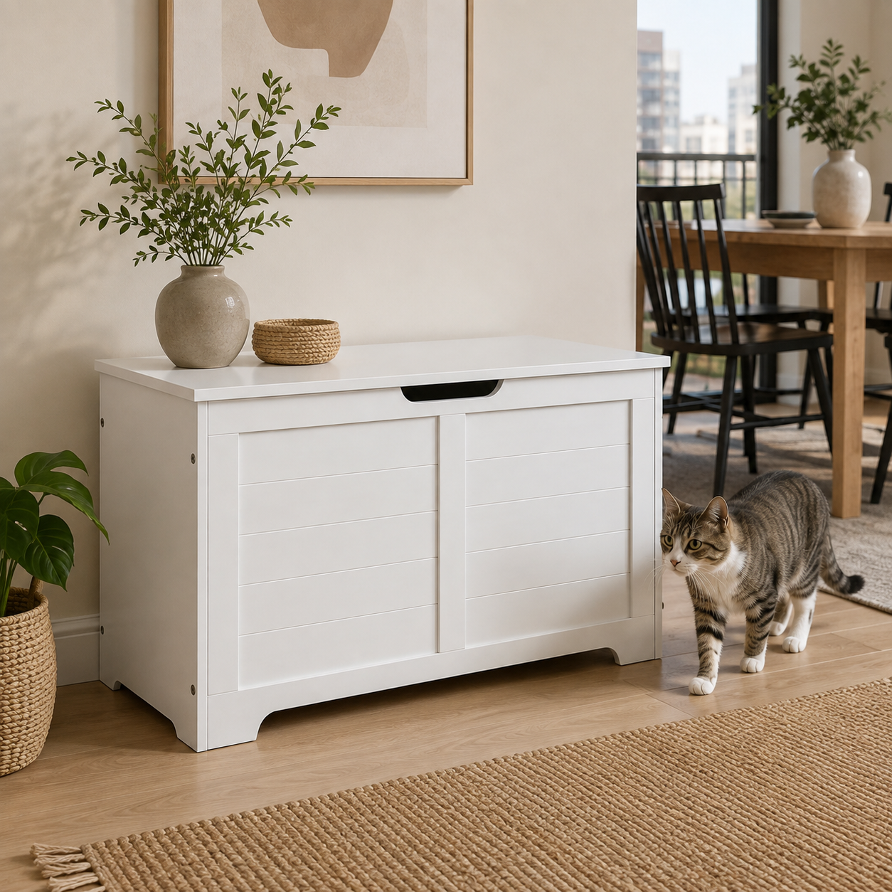 Litter Box Enclosure with Lift-Top Access and Interior Divider, Cat Washroom Furniture, Cream White