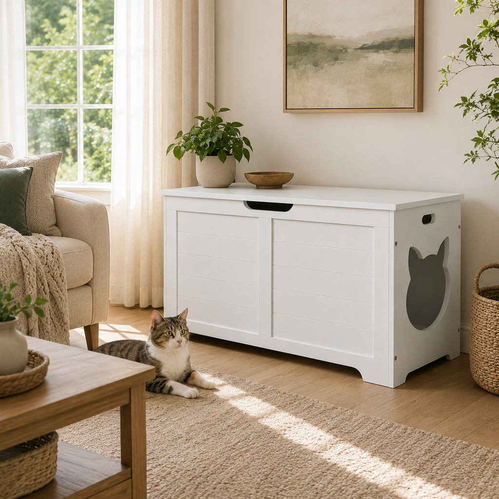 Litter Box Enclosure with Lift-Top Access and Interior Divider, Cat Washroom Furniture, Cream White