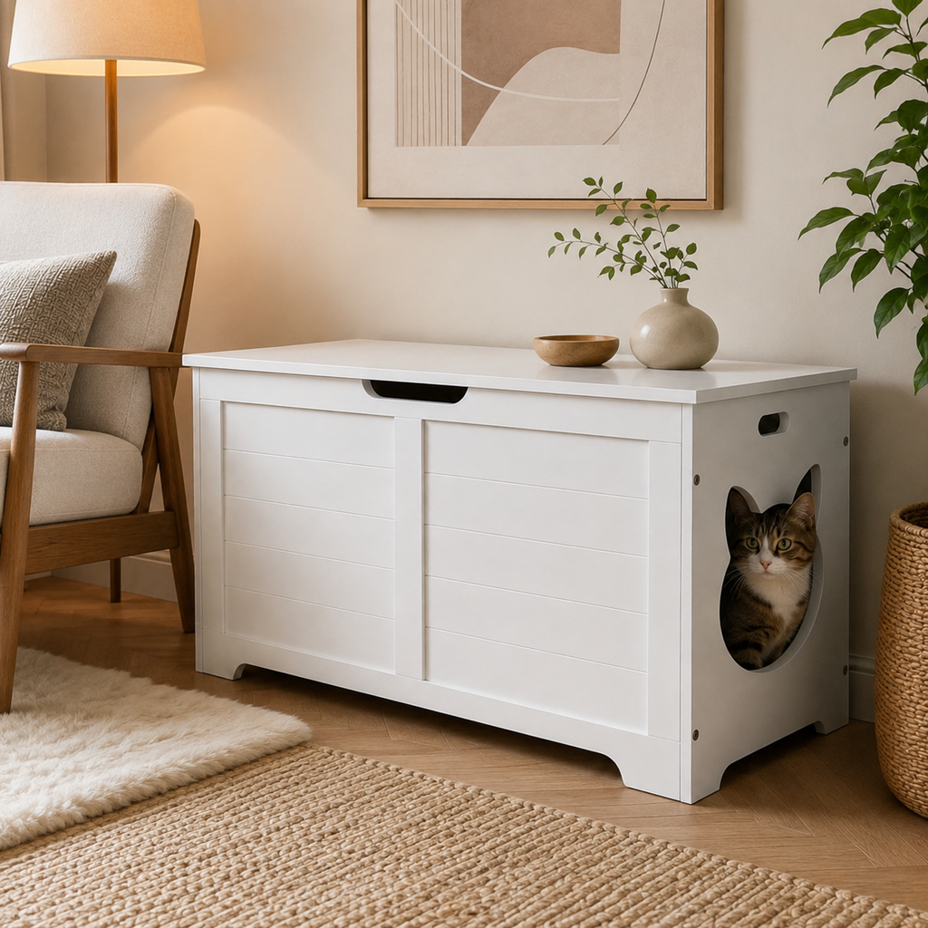 Litter Box Enclosure with Lift-Top Access and Interior Divider, Cat Washroom Furniture, Cream White