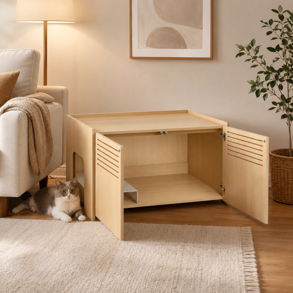 Litter Box Enclosure with Double Doors and Interior Grated Entry Platform, Hidden Cat Washroom Furniture, Beige Brown
