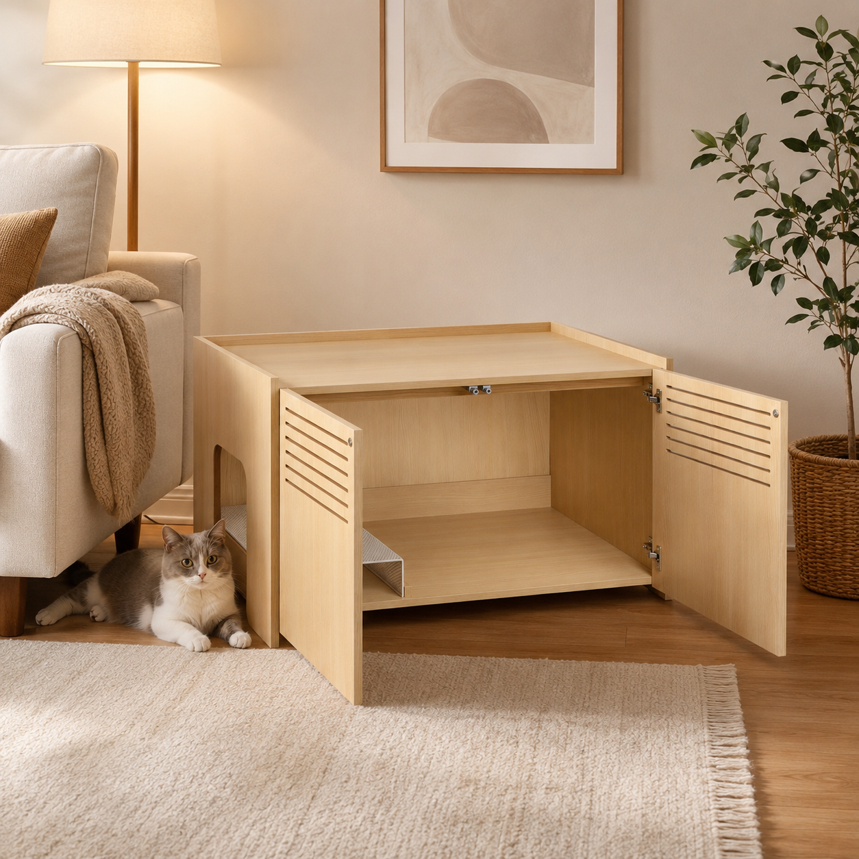 Litter Box Enclosure with Double Doors and Interior Grated Entry Platform, Hidden Cat Washroom Furniture, Beige Brown