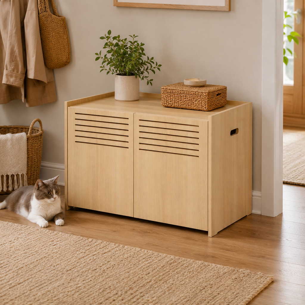 Litter Box Enclosure with Double Doors and Interior Grated Entry Platform, Hidden Cat Washroom Furniture, Beige Brown