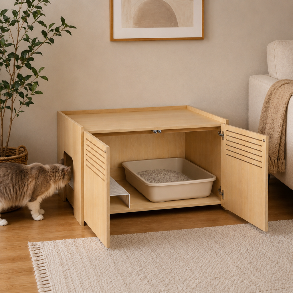 Litter Box Enclosure with Double Doors and Interior Grated Entry Platform, Hidden Cat Washroom Furniture, Beige Brown