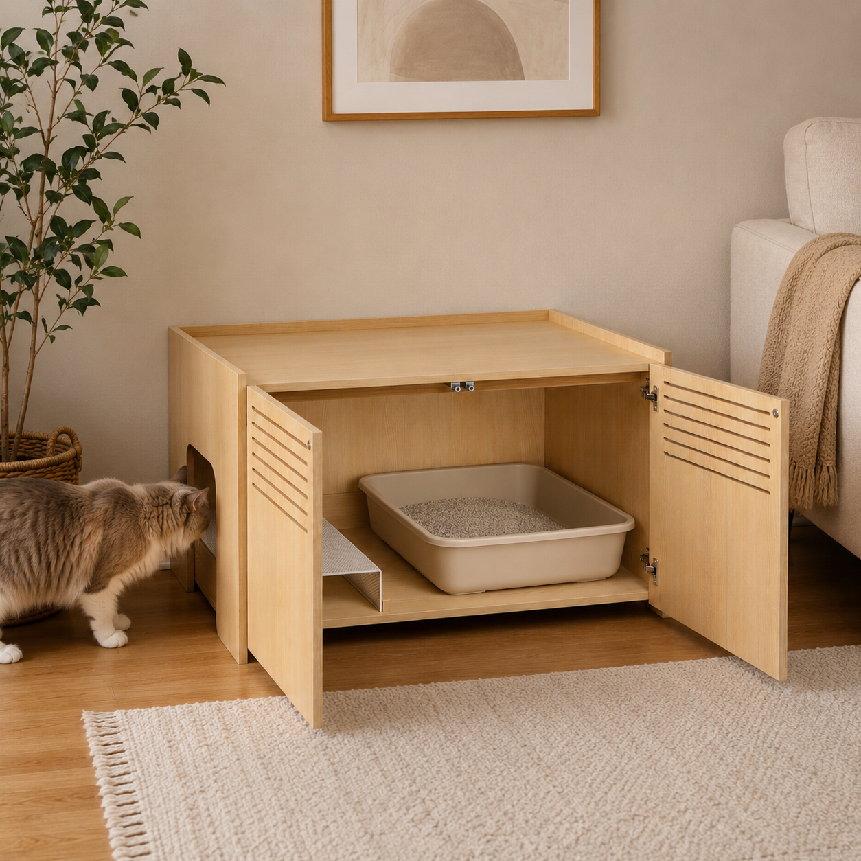 Litter Box Enclosure with Double Doors and Interior Grated Entry Platform, Hidden Cat Washroom Furniture, Beige Brown