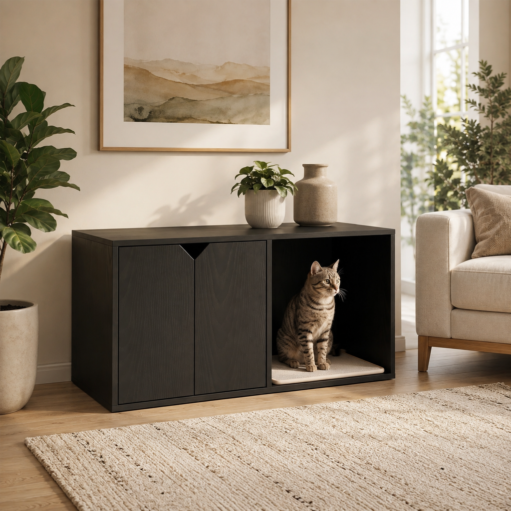 Litter Box Enclosure with Double-Door Cabinet and Open Cat Resting Nook with Scratching Pad, Black
