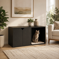Litter Box Enclosure with Double-Door Cabinet and Open Cat Resting Nook with Scratching Pad, Black
