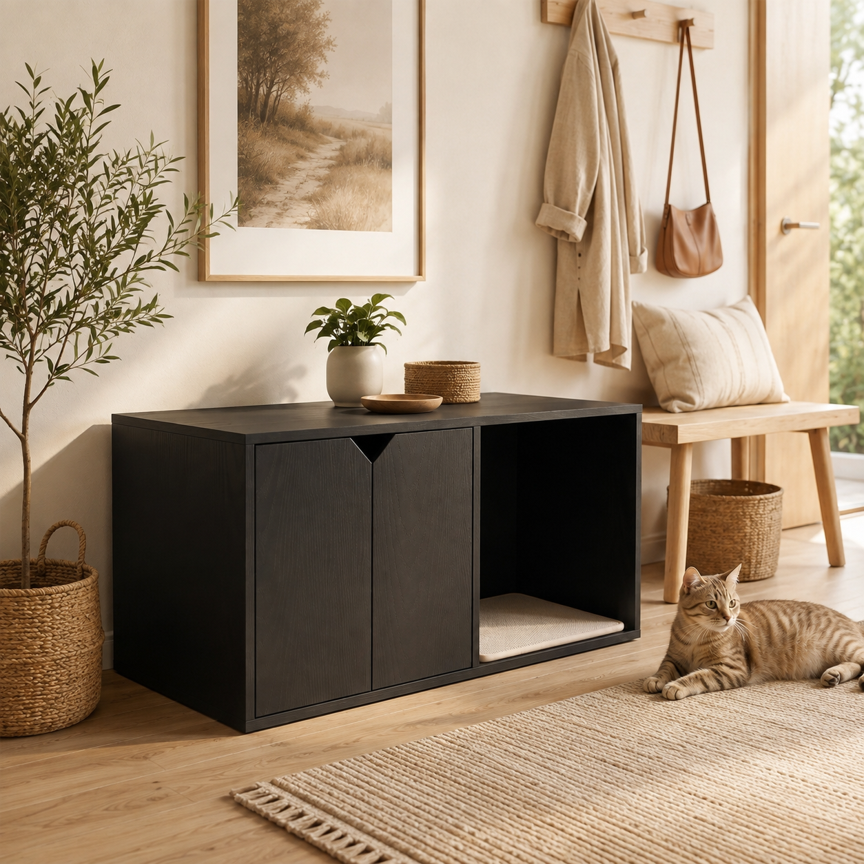 Litter Box Enclosure with Double-Door Cabinet and Open Cat Resting Nook with Scratching Pad, Black