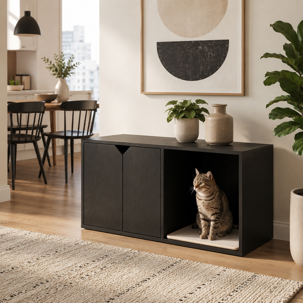 Litter Box Enclosure with Double-Door Cabinet and Open Cat Resting Nook with Scratching Pad, Black