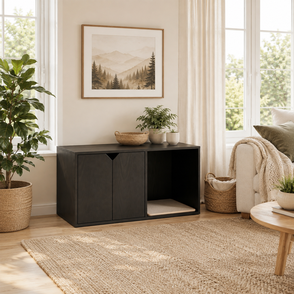 Litter Box Enclosure with Double-Door Cabinet and Open Cat Resting Nook with Scratching Pad, Black
