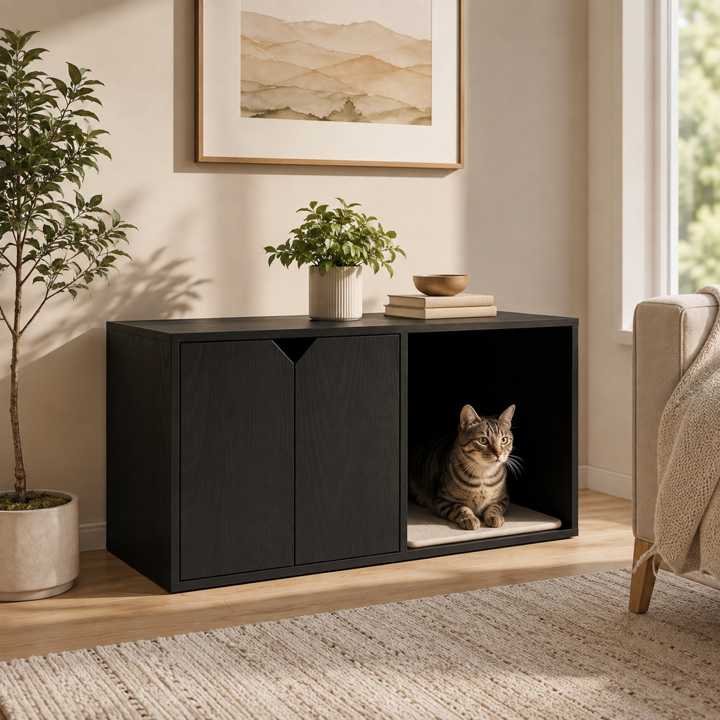 Litter Box Enclosure with Double-Door Cabinet and Open Cat Resting Nook with Scratching Pad, Black