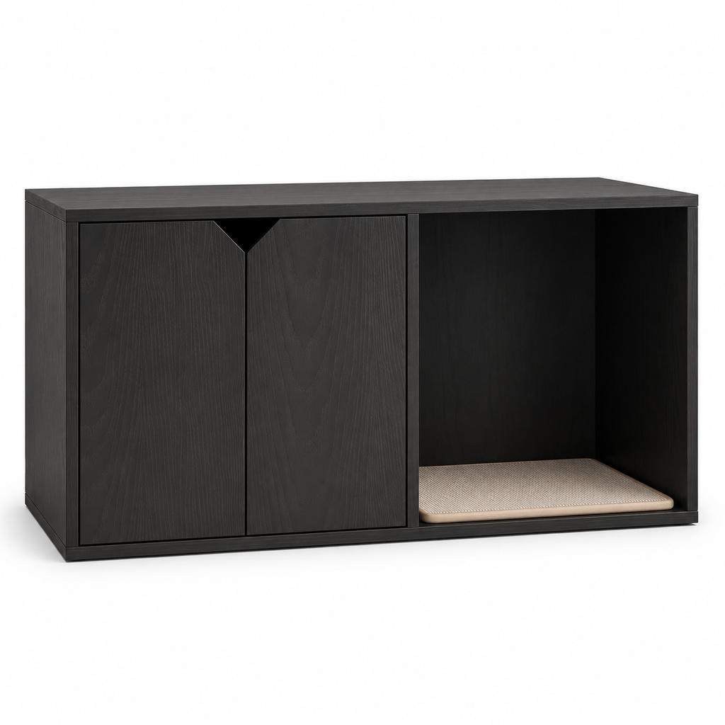 Litter Box Enclosure with Double-Door Cabinet and Open Cat Resting Nook with Scratching Pad, Black