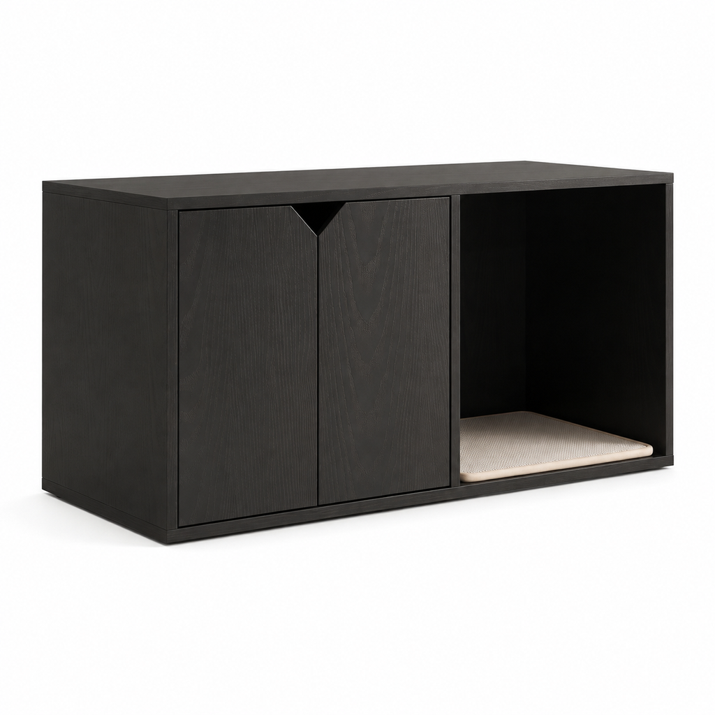Litter Box Enclosure with Double-Door Cabinet and Open Cat Resting Nook with Scratching Pad, Black