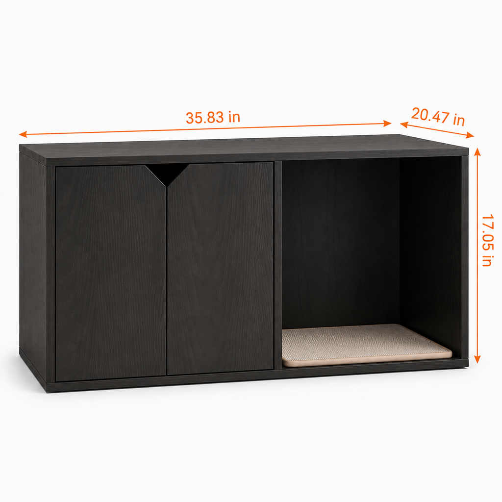 Litter Box Enclosure with Double-Door Cabinet and Open Cat Resting Nook with Scratching Pad, Black