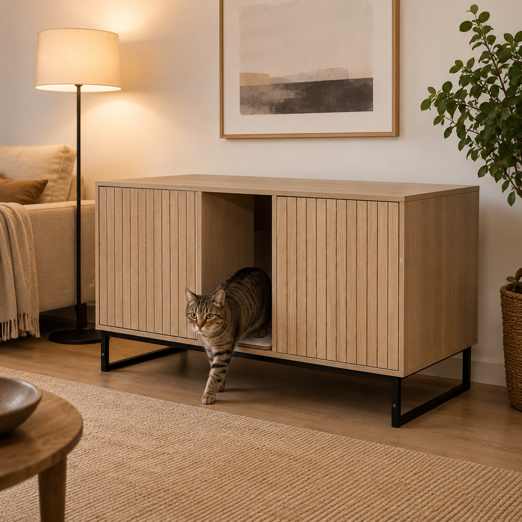 Litter Box Enclosure with Double Doors, Center Cat Entry and Scratching Mat on Metal Base, Light Brown