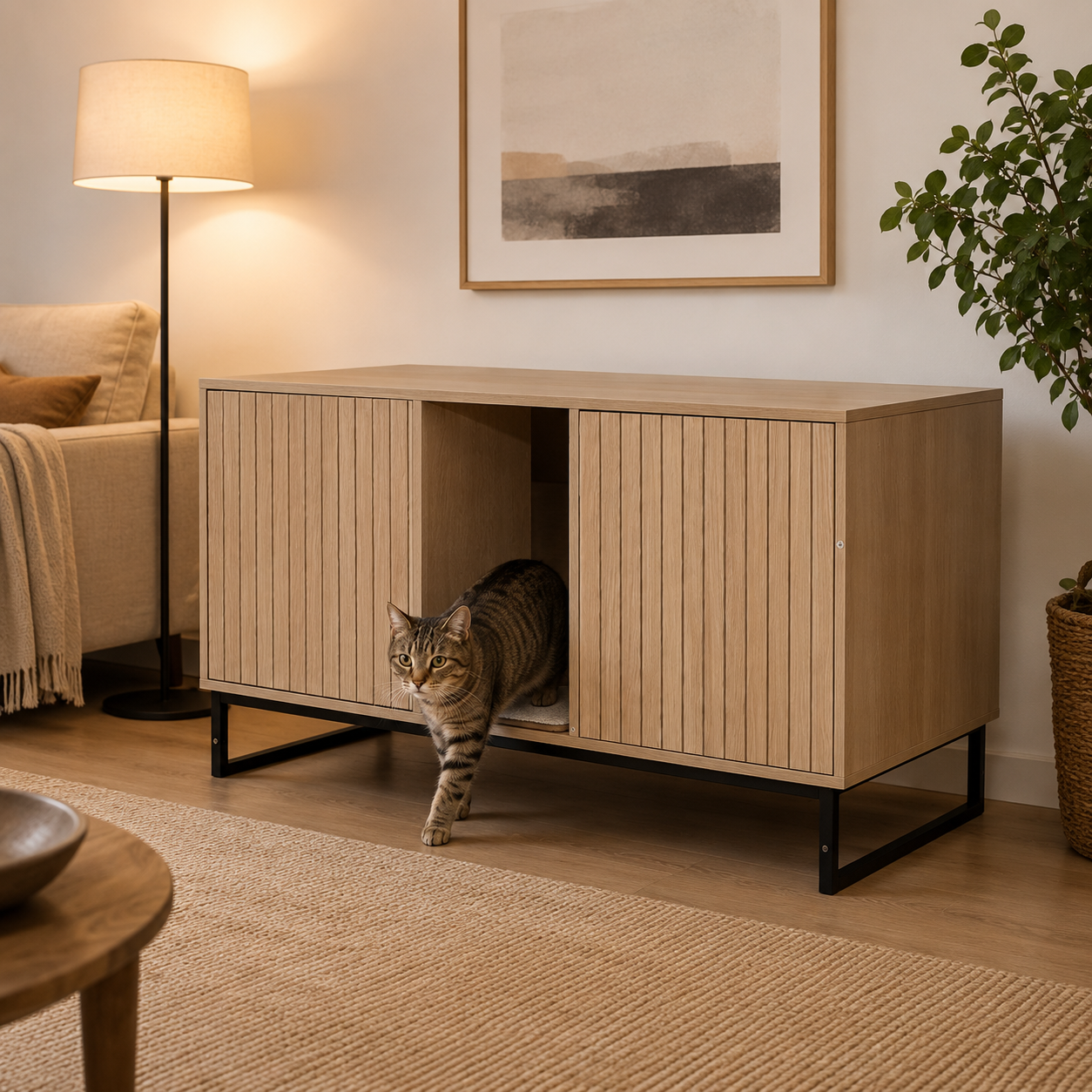 Litter Box Enclosure with Double Doors, Center Cat Entry and Scratching Mat on Metal Base, Light Brown