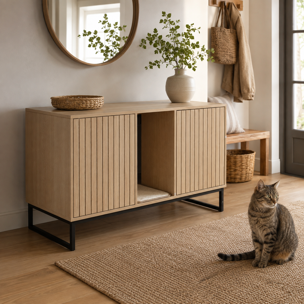 Litter Box Enclosure with Double Doors, Center Cat Entry and Scratching Mat on Metal Base, Light Brown