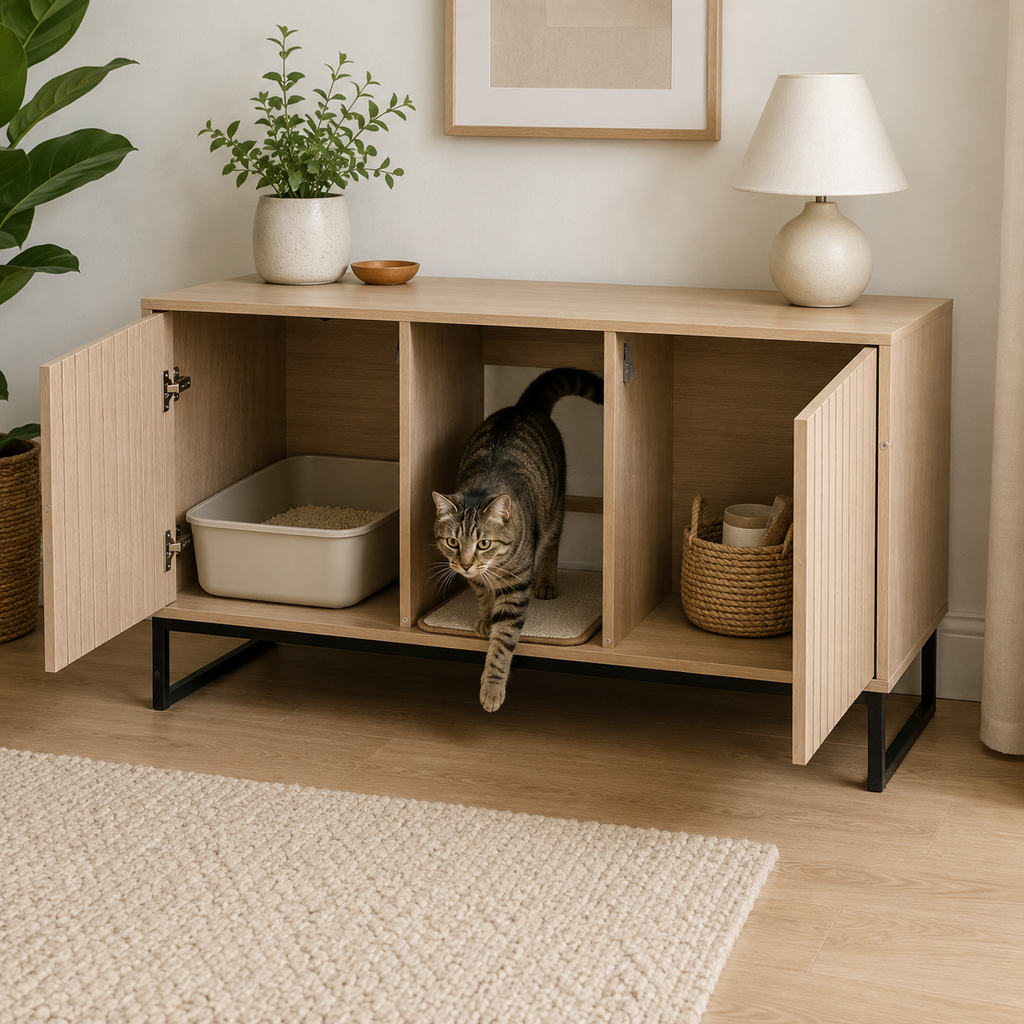 Litter Box Enclosure with Double Doors, Center Cat Entry and Scratching Mat on Metal Base, Light Brown