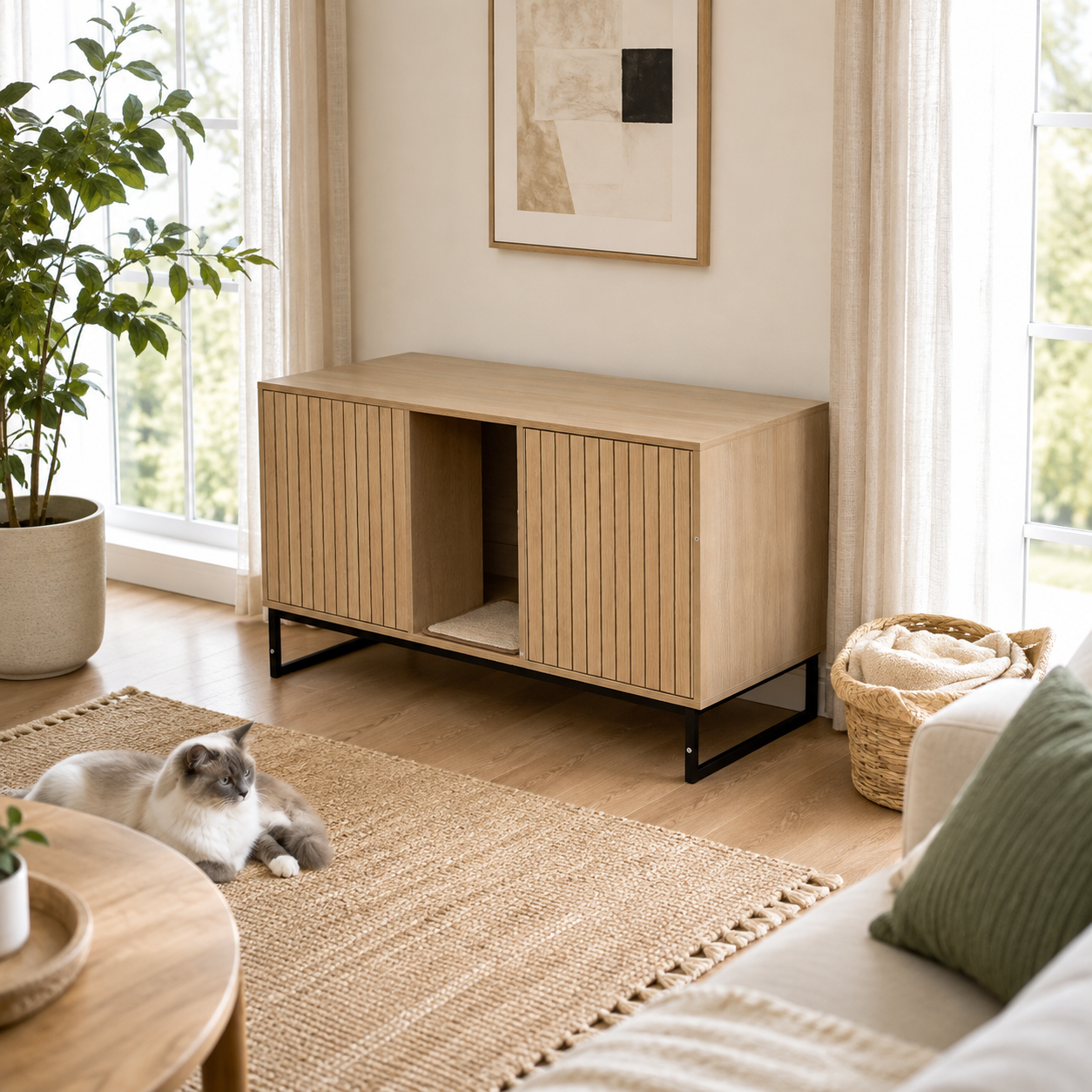 Litter Box Enclosure with Double Doors, Center Cat Entry and Scratching Mat on Metal Base, Light Brown