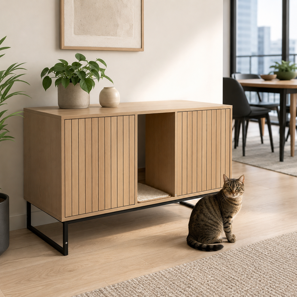 Litter Box Enclosure with Double Doors, Center Cat Entry and Scratching Mat on Metal Base, Light Brown