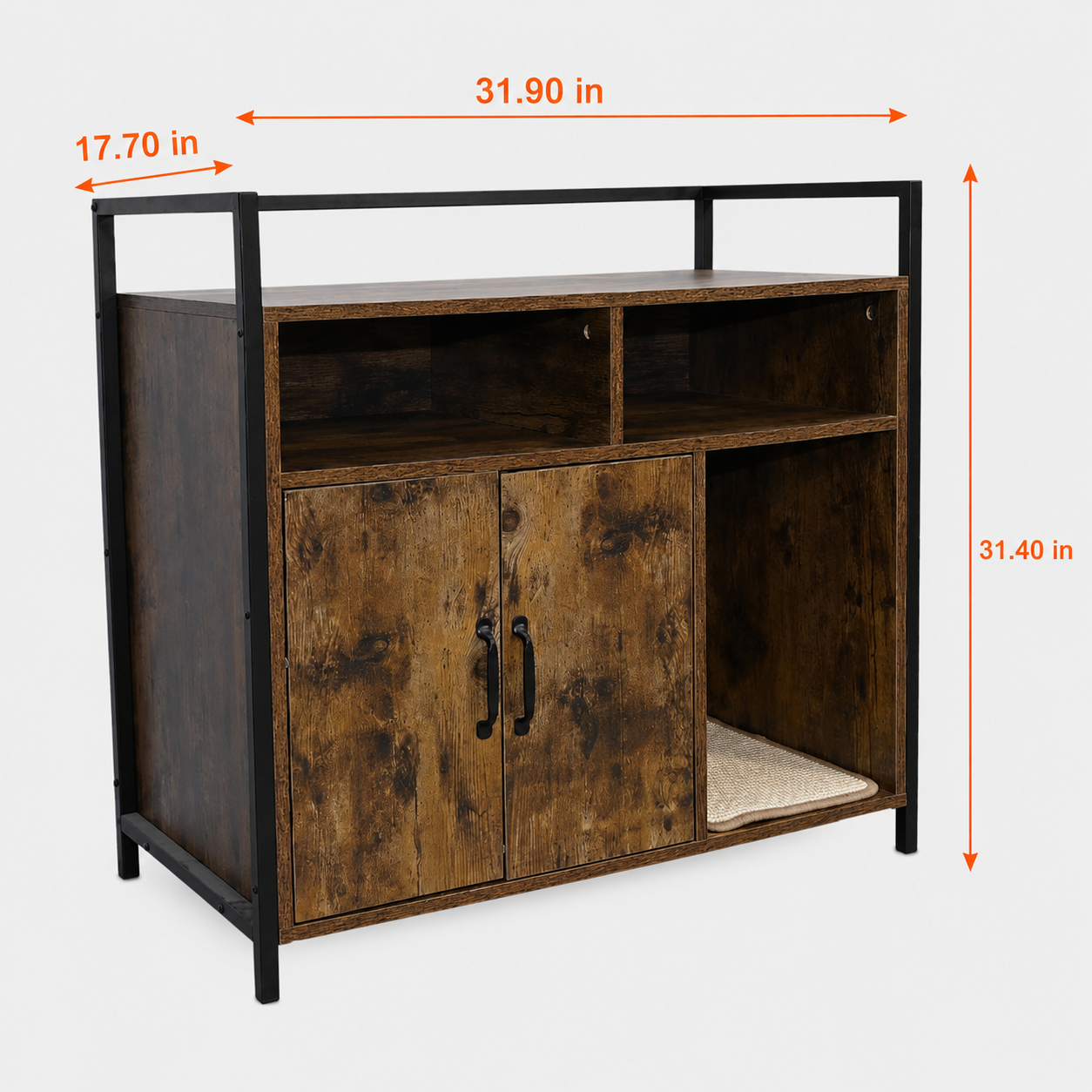 Litter Box Enclosure with Open Storage Shelves and Built-In Scratching Mat, Metal Frame, Rustic Brown