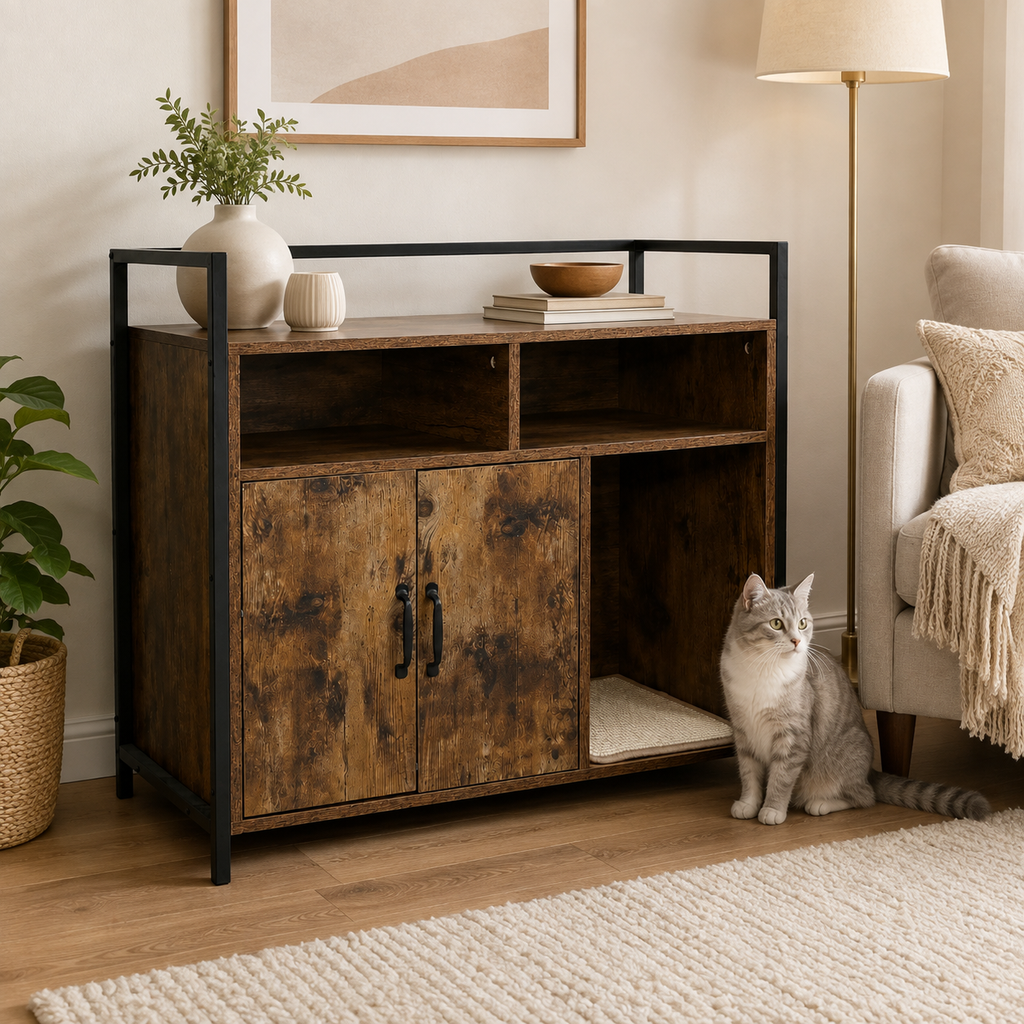 Litter Box Enclosure with Open Storage Shelves and Built-In Scratching Mat, Metal Frame, Rustic Brown