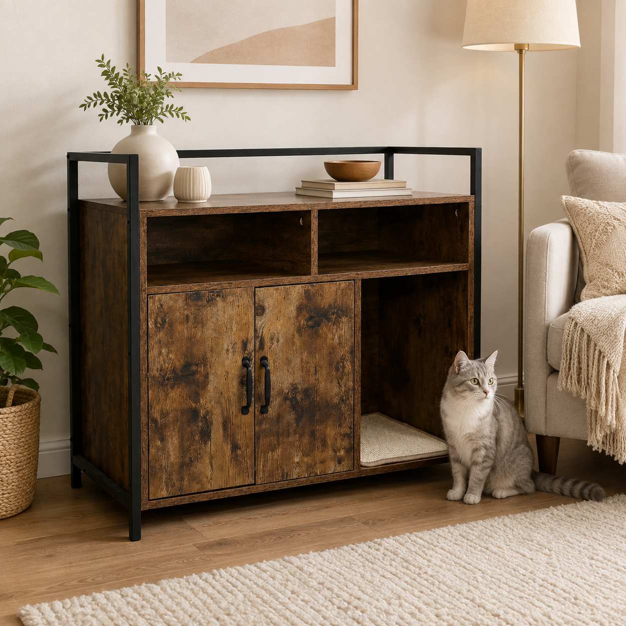 Litter Box Enclosure with Open Storage Shelves and Built-In Scratching Mat, Metal Frame, Rustic Brown