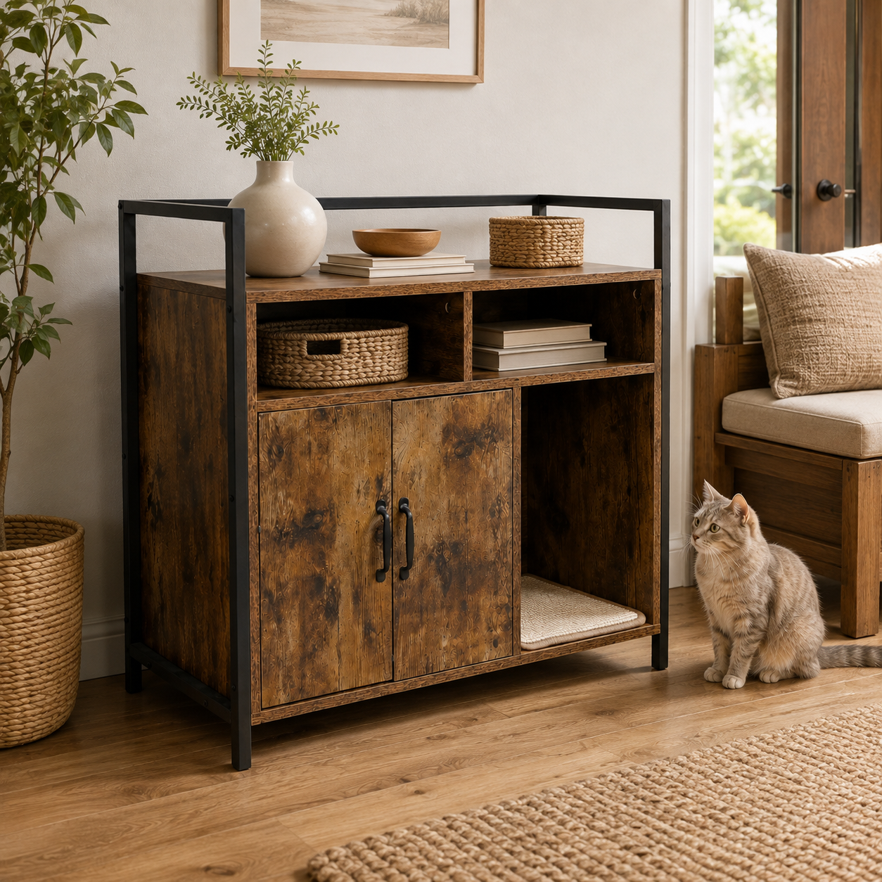 Litter Box Enclosure with Open Storage Shelves and Built-In Scratching Mat, Metal Frame, Rustic Brown