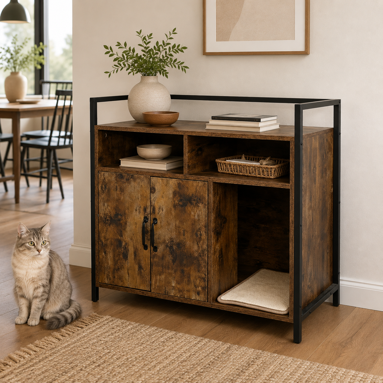 Litter Box Enclosure with Open Storage Shelves and Built-In Scratching Mat, Metal Frame, Rustic Brown