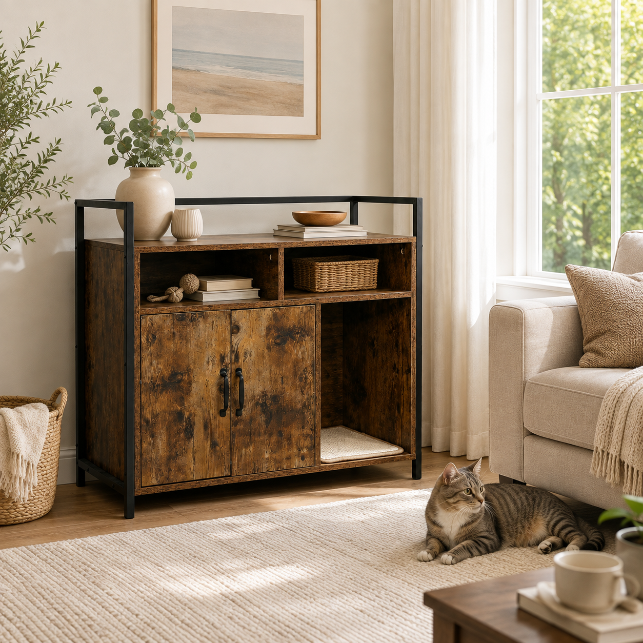Litter Box Enclosure with Open Storage Shelves and Built-In Scratching Mat, Metal Frame, Rustic Brown