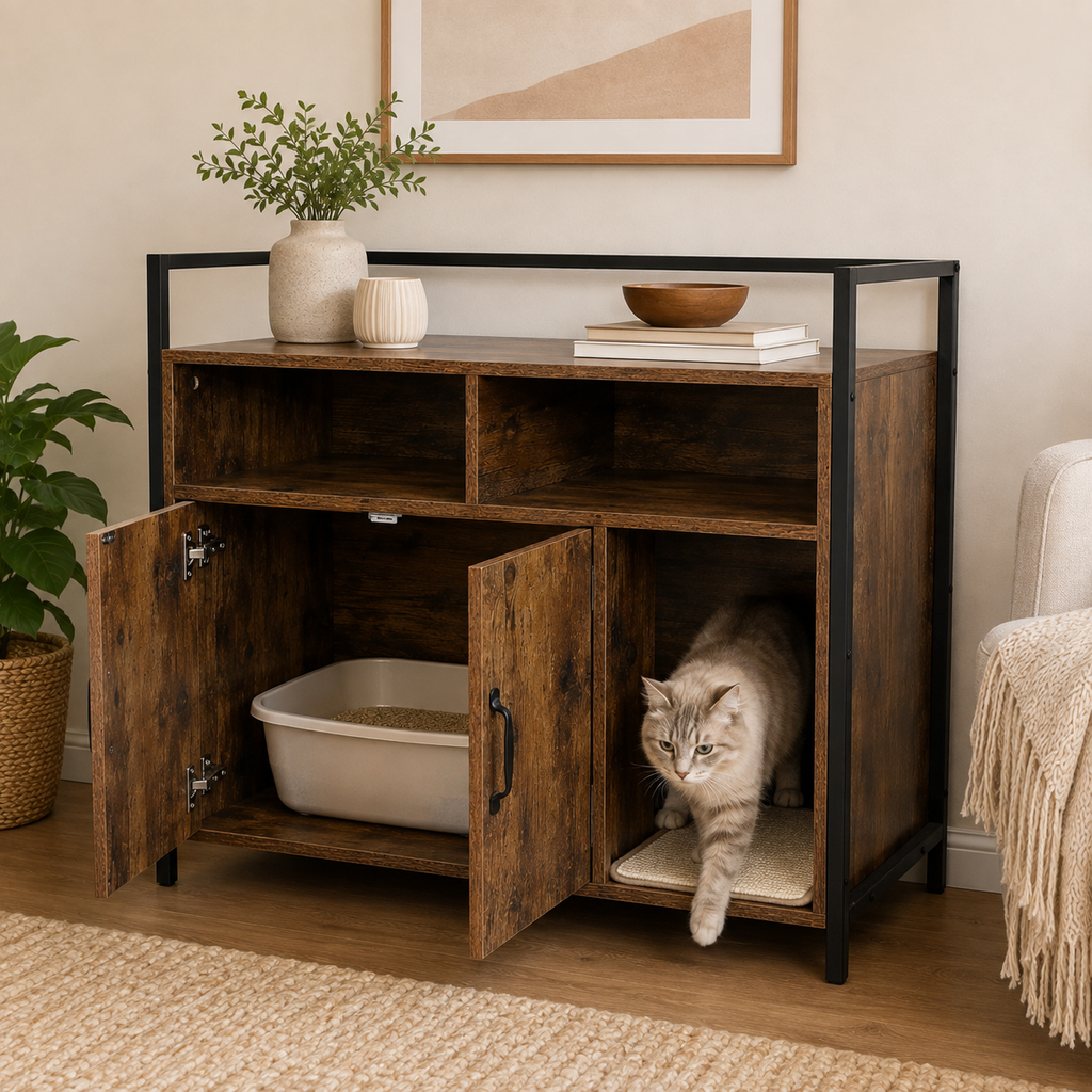 Litter Box Enclosure with Open Storage Shelves and Built-In Scratching Mat, Metal Frame, Rustic Brown