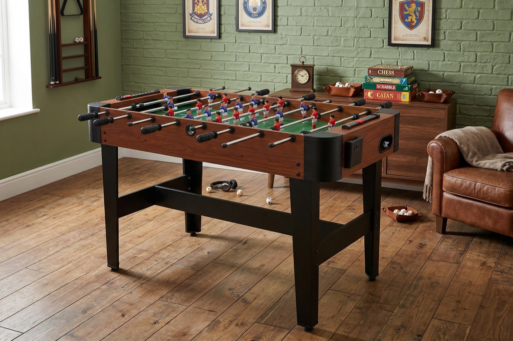 48" Freestanding Foosball Table with Steel Rods and Cup Holders, Wood Grain Indoor Game Room Arcade Table