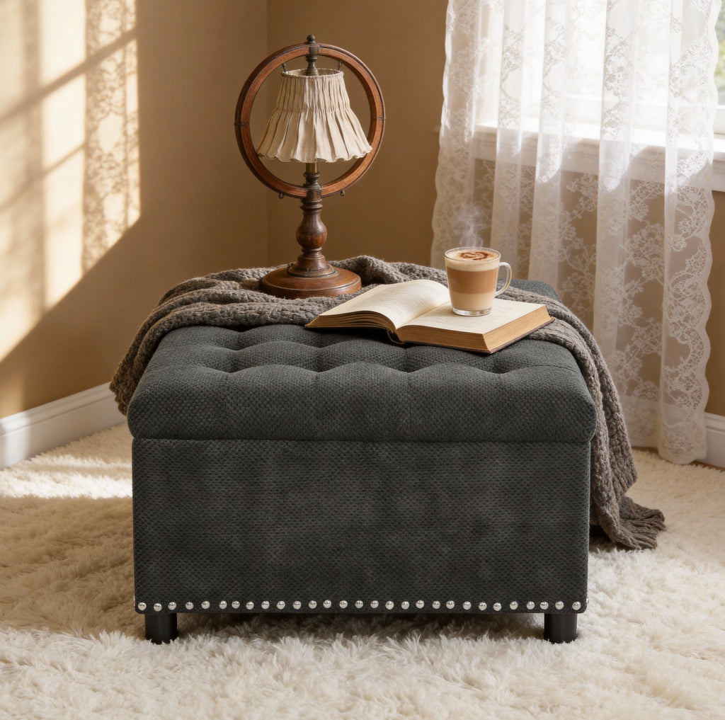 30" Square Tufted Storage Ottoman with Nailhead Trim, Upholstered Cocktail Ottoman with Hidden Storage