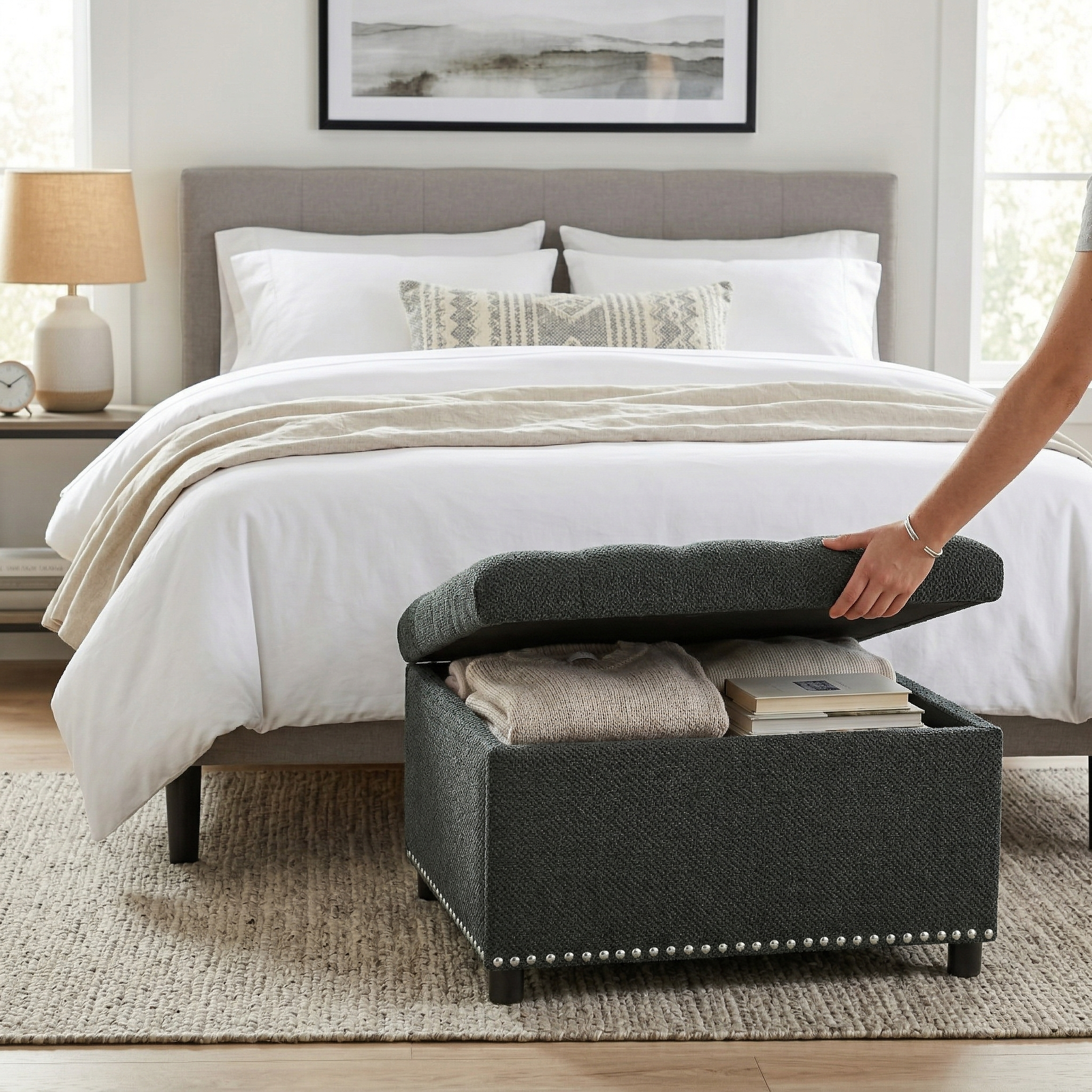 30" Square Tufted Storage Ottoman with Nailhead Trim, Upholstered Cocktail Ottoman with Hidden Storage