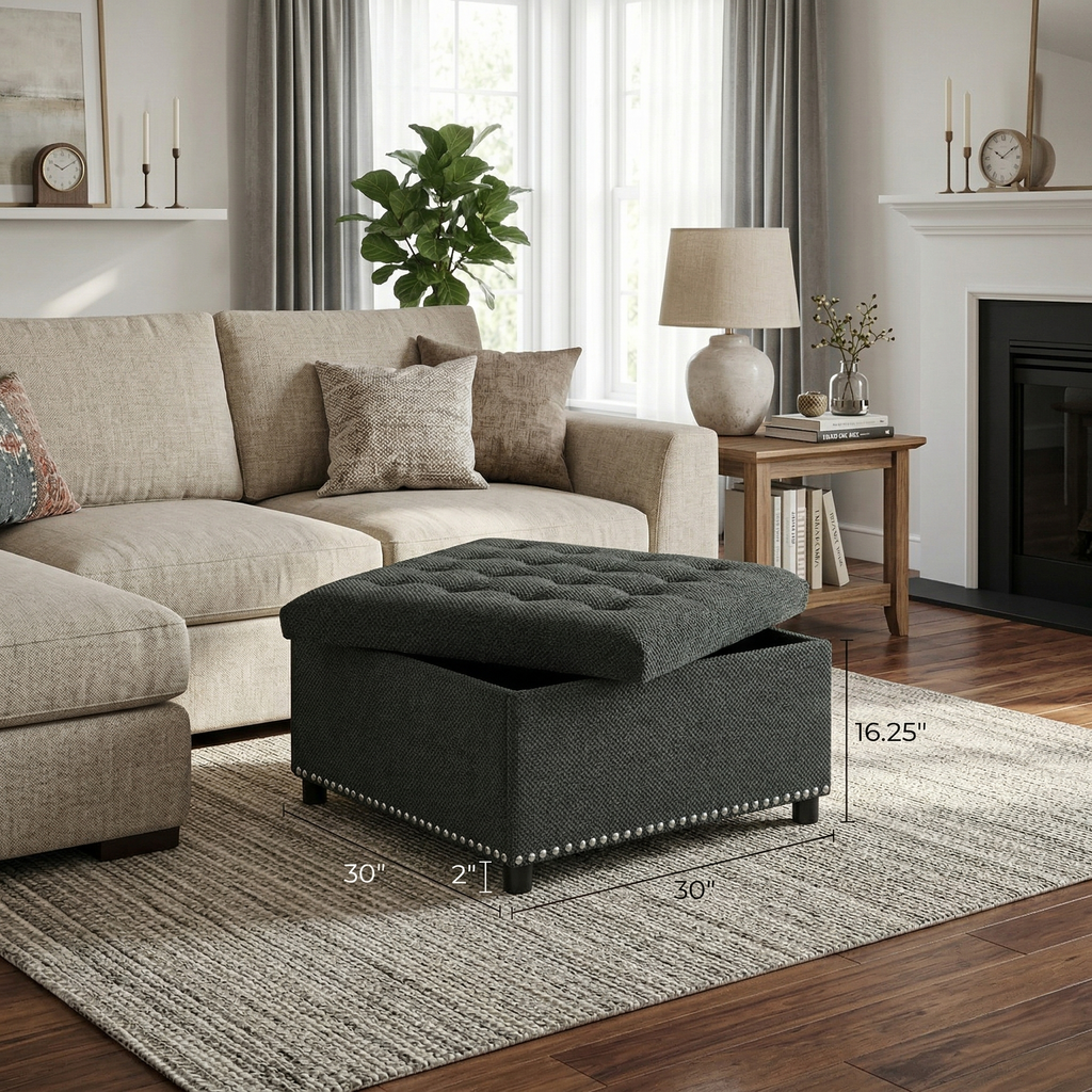 30" Square Tufted Storage Ottoman with Nailhead Trim, Upholstered Cocktail Ottoman with Hidden Storage