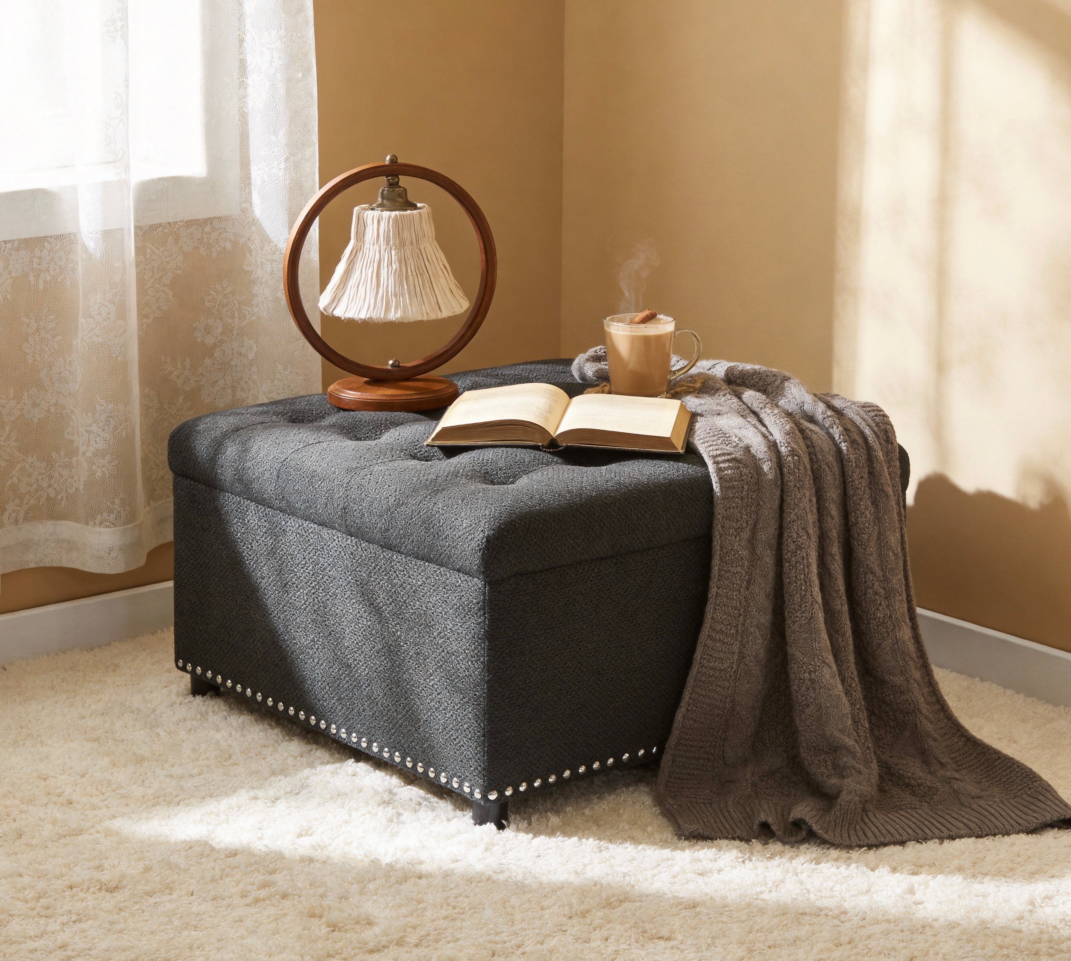 30" Square Tufted Storage Ottoman with Nailhead Trim, Upholstered Cocktail Ottoman with Hidden Storage