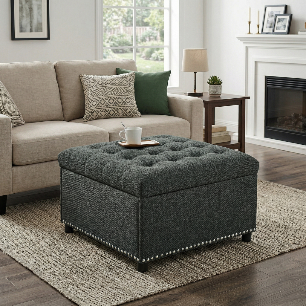 30" Square Tufted Storage Ottoman with Nailhead Trim, Upholstered Cocktail Ottoman with Hidden Storage