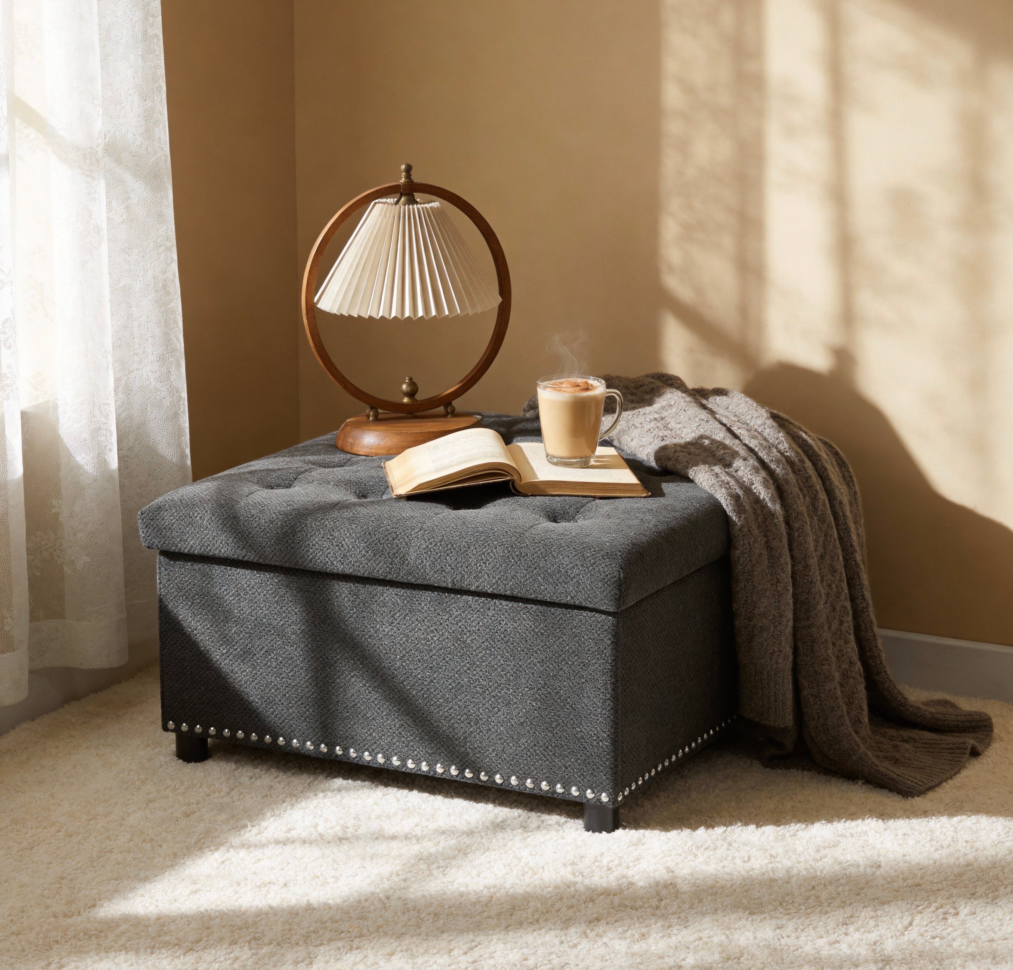 30" Square Tufted Storage Ottoman with Nailhead Trim, Upholstered Cocktail Ottoman with Hidden Storage