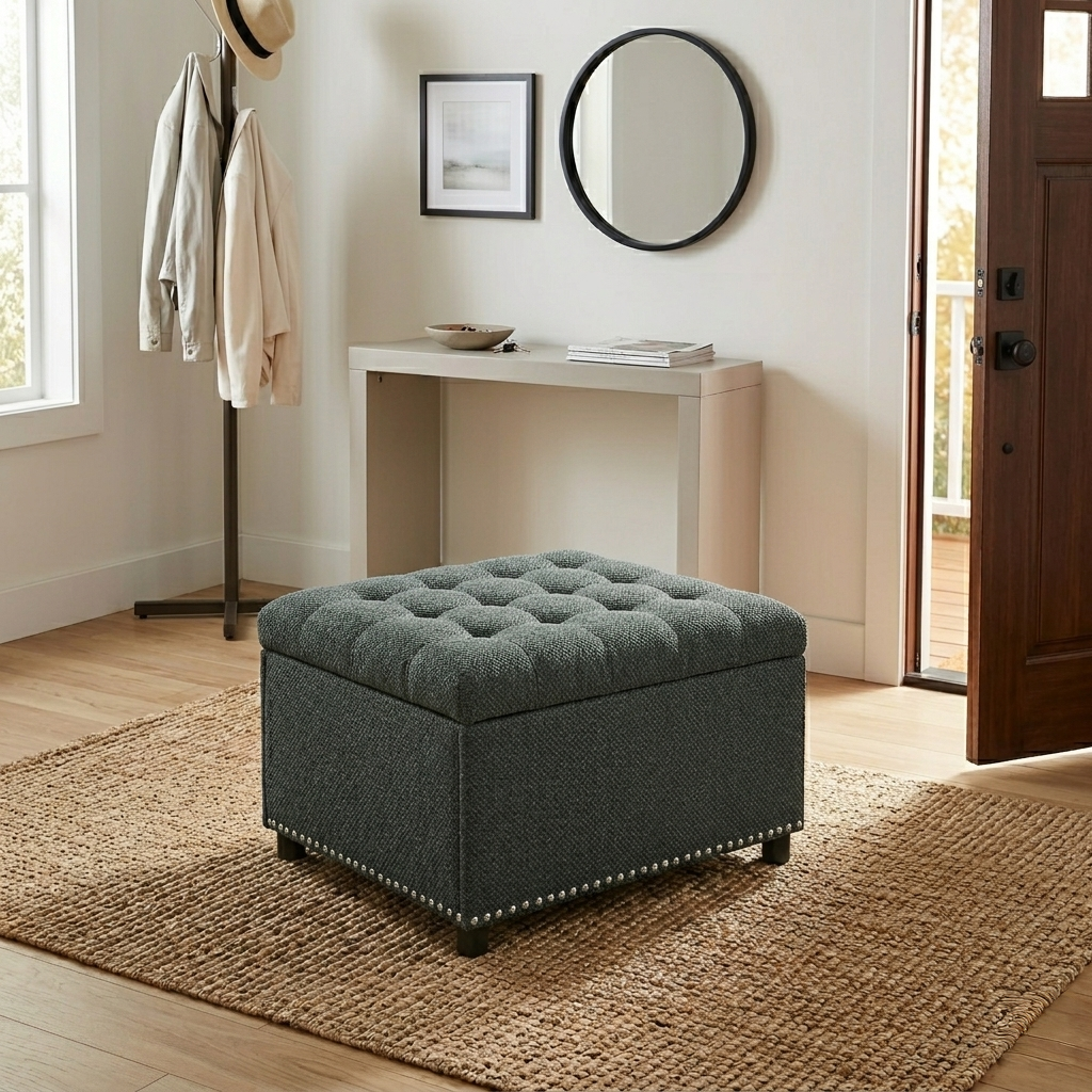 30" Square Tufted Storage Ottoman with Nailhead Trim, Upholstered Cocktail Ottoman with Hidden Storage