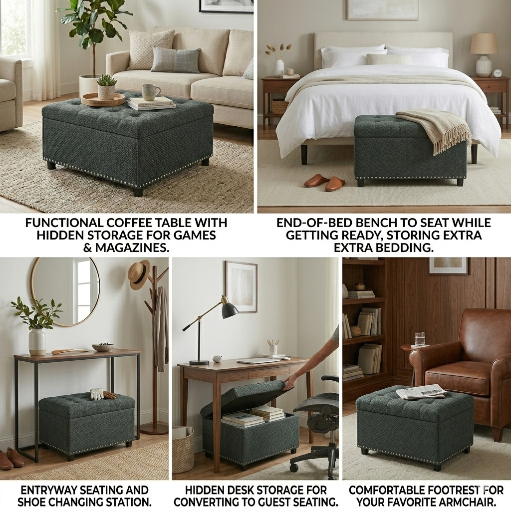 30" Square Tufted Storage Ottoman with Nailhead Trim, Upholstered Cocktail Ottoman with Hidden Storage
