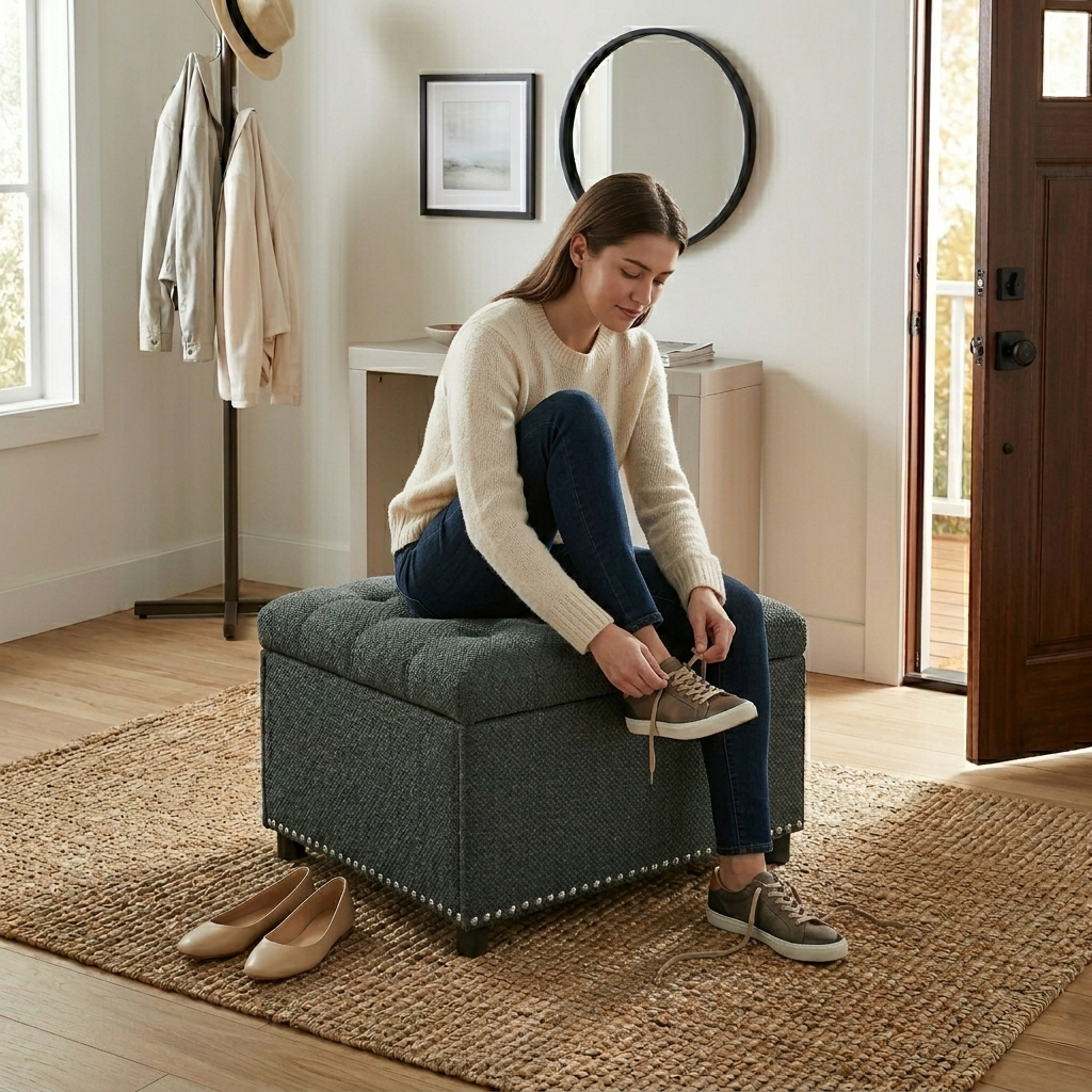 30" Square Tufted Storage Ottoman with Nailhead Trim, Upholstered Cocktail Ottoman with Hidden Storage