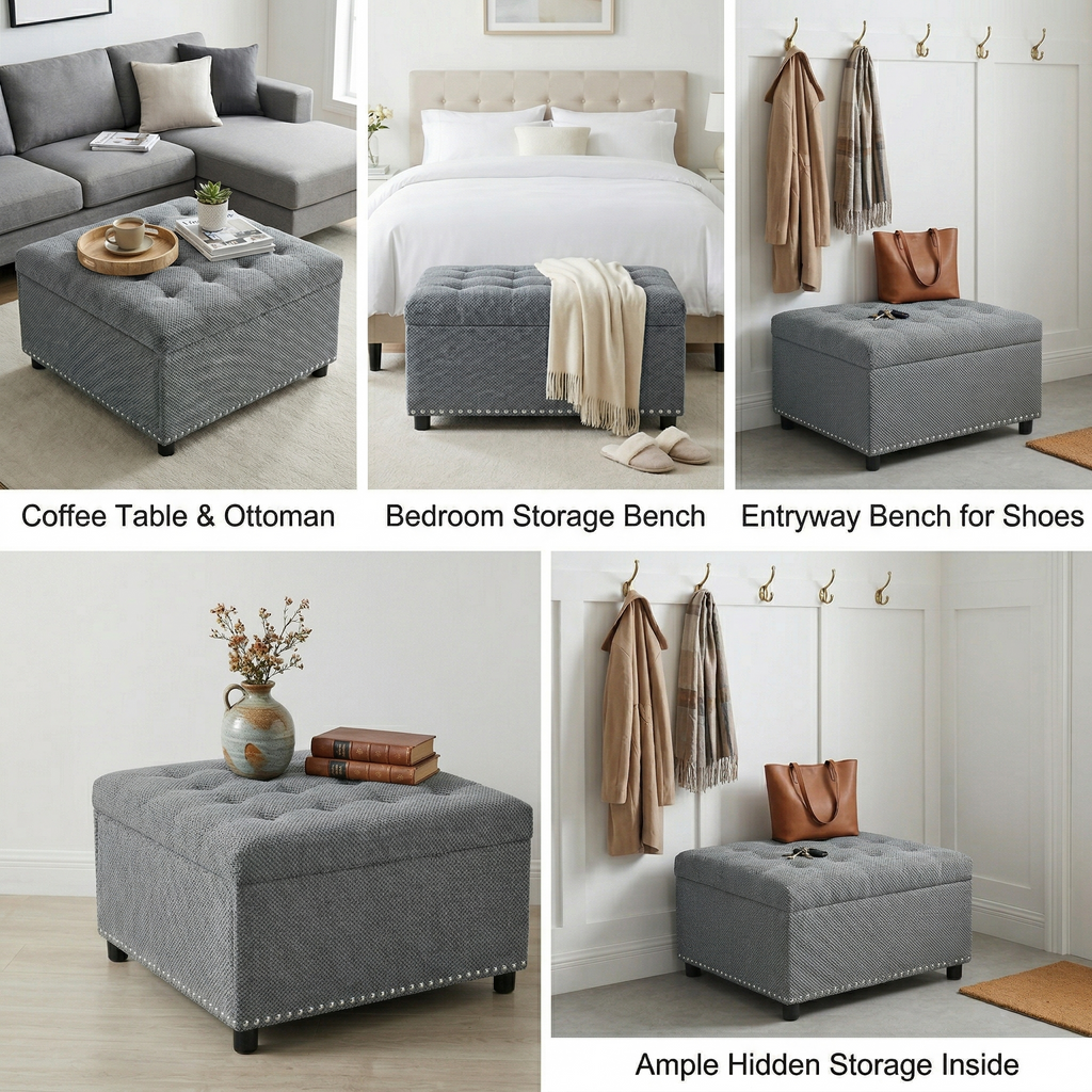 30" Square Tufted Storage Ottoman with Nailhead Trim, Upholstered Cocktail Ottoman with Hidden Storage