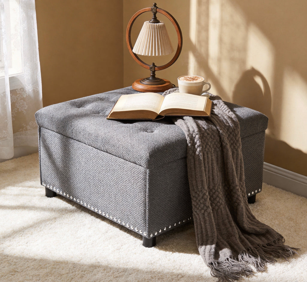 30" Square Tufted Storage Ottoman with Nailhead Trim, Upholstered Cocktail Ottoman with Hidden Storage