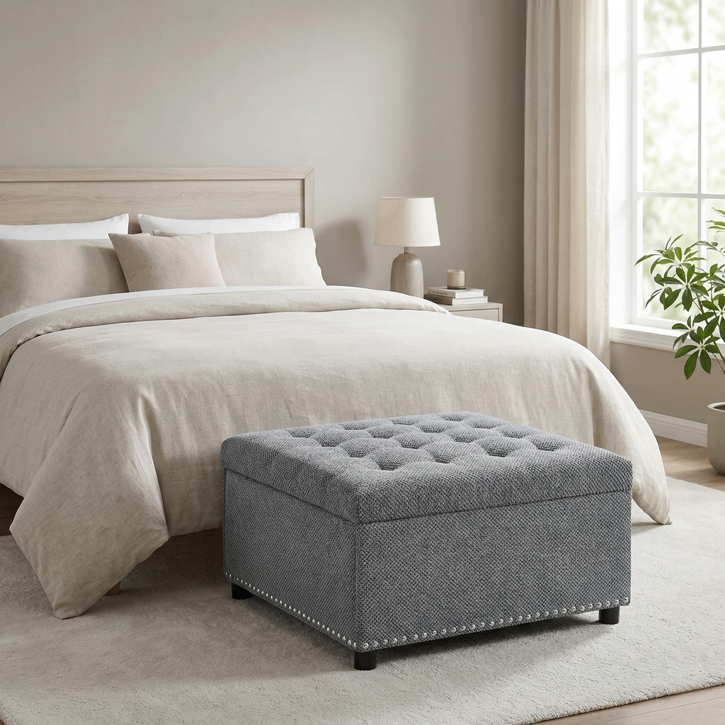 30" Square Tufted Storage Ottoman with Nailhead Trim, Upholstered Cocktail Ottoman with Hidden Storage