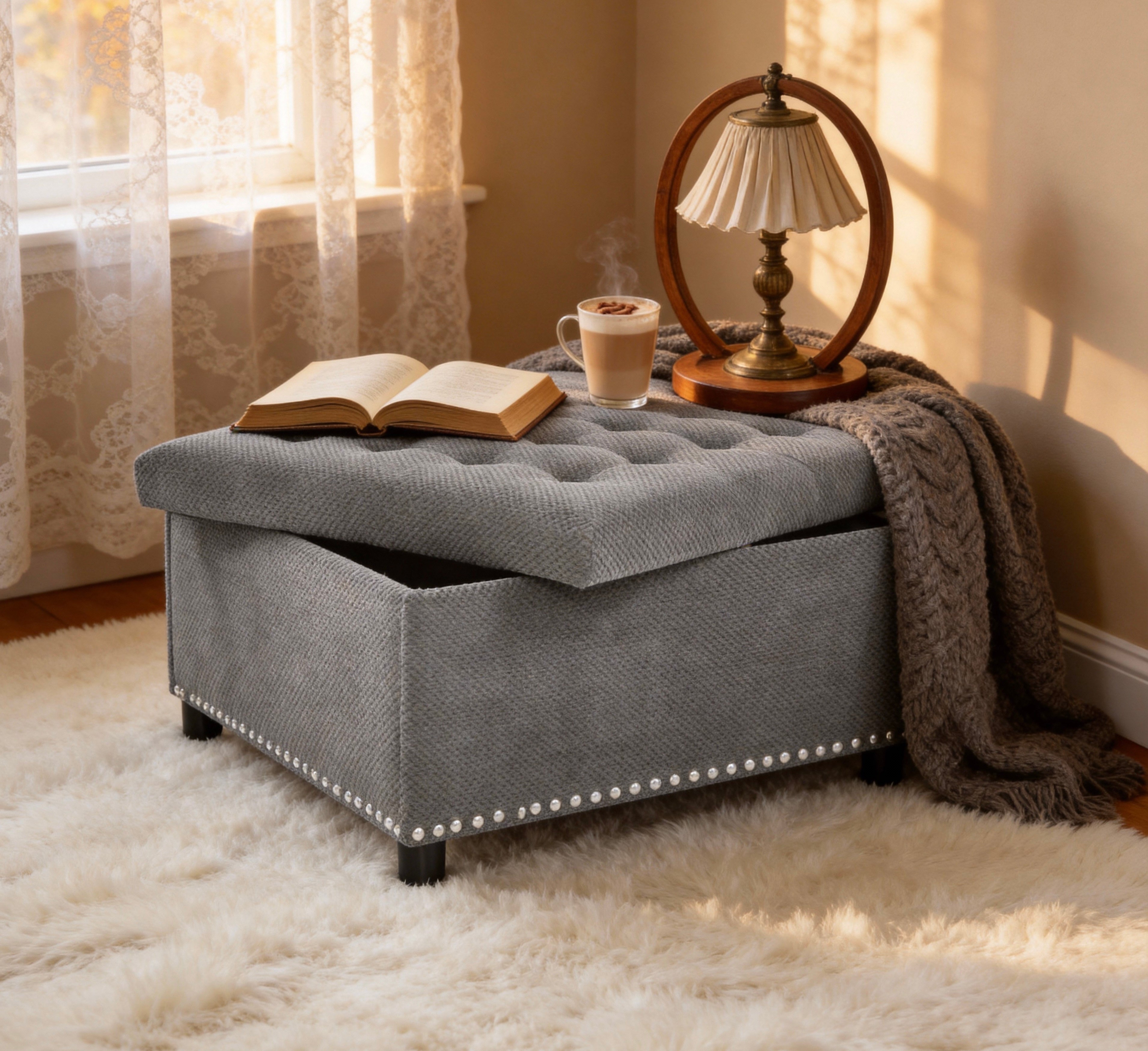 30" Square Tufted Storage Ottoman with Nailhead Trim, Upholstered Cocktail Ottoman with Hidden Storage