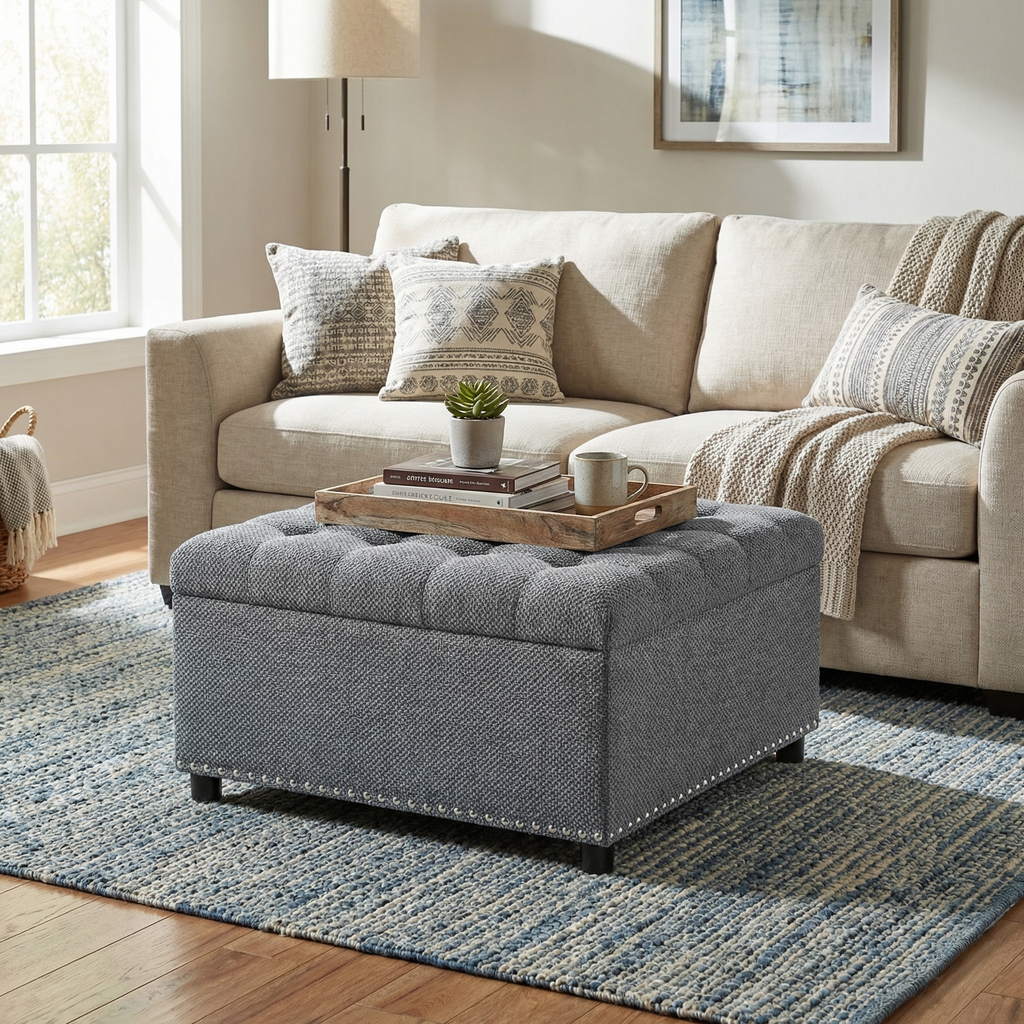 30" Square Tufted Storage Ottoman with Nailhead Trim, Upholstered Cocktail Ottoman with Hidden Storage