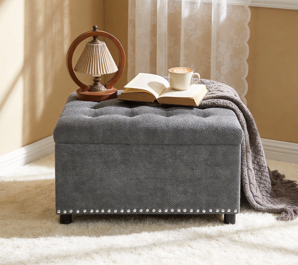 30" Square Tufted Storage Ottoman with Nailhead Trim, Upholstered Cocktail Ottoman with Hidden Storage